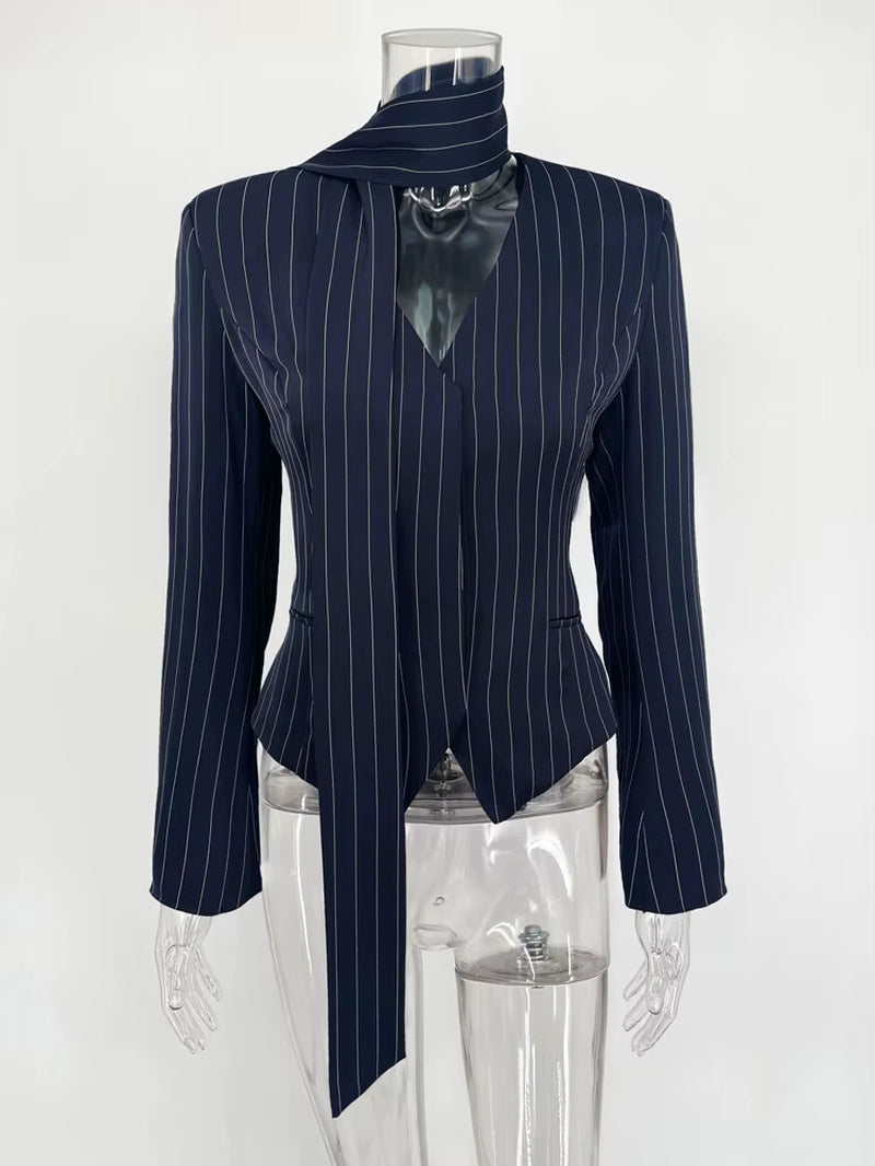 Elegant Female Striped Suit Coat for Women Scarf Lace-Up Patchwork V-Neck Long Sleeve Luxury Outwear Female Jackets Coat