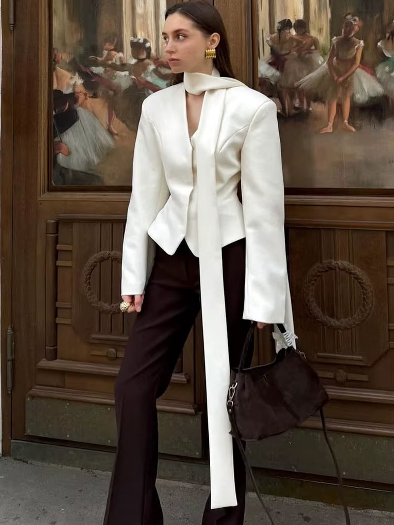 Elegant Female Striped Suit Coat for Women Scarf Lace-Up Patchwork V-Neck Long Sleeve Luxury Outwear Female Jackets Coat