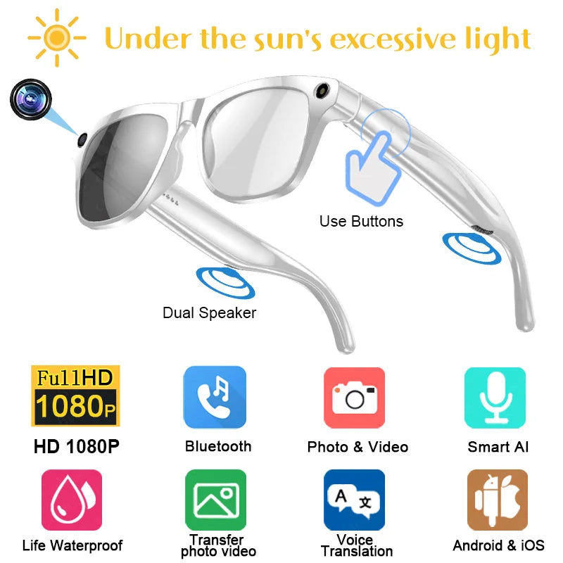 Ai Camera Glasses Bluetooth 4K Hd Outdoor Sports Glasses Music Translation Voice Assistant Smart Glasses Photochromic Glasses