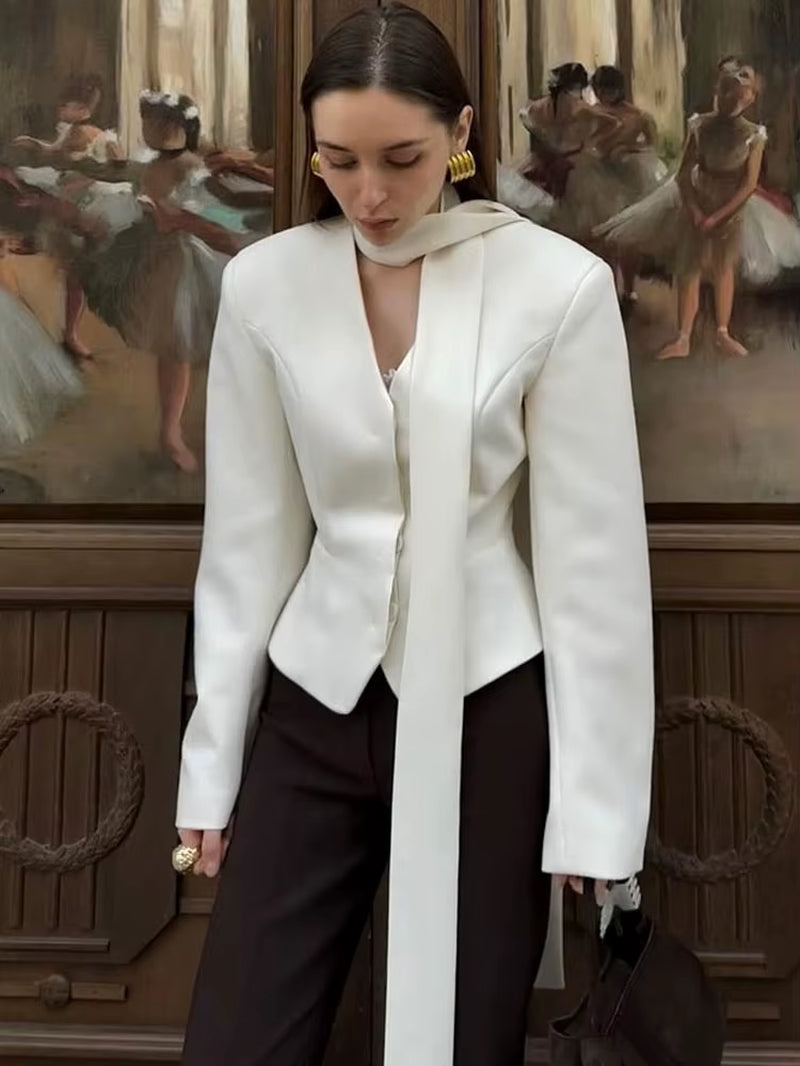 Elegant Female Striped Suit Coat for Women Scarf Lace-Up Patchwork V-Neck Long Sleeve Luxury Outwear Female Jackets Coat