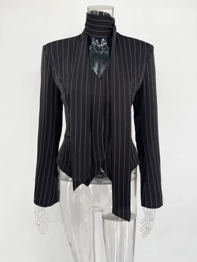 Elegant Female Striped Suit Coat for Women Scarf Lace-Up Patchwork V-Neck Long Sleeve Luxury Outwear Female Jackets Coat